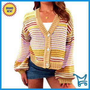 Oversized Cardigan Sweater with Puff Sleeves, V-Neck, Button Front